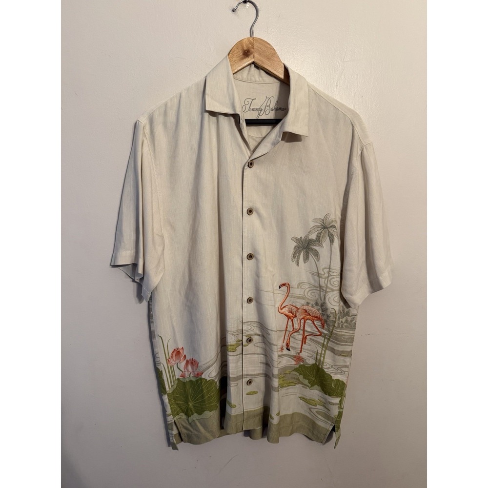 Tommy Bahama Men's Tan Silk Flamingo Tropical Button Down Size Medium